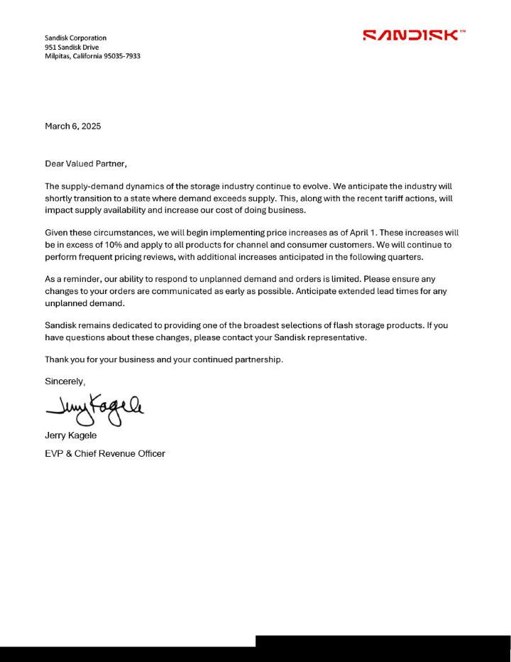 焦点平台:消息称闪迪已向下游发出涨价函,4 月 1 日起存储产品价格普增逾一成